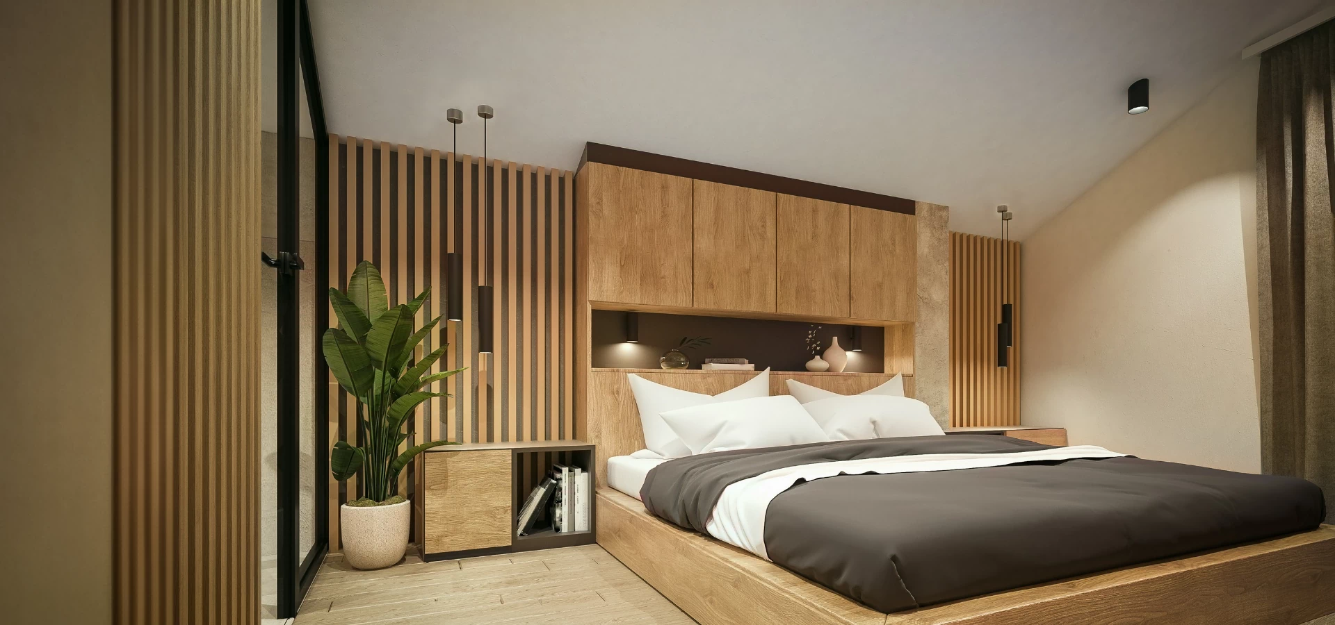 nowoczesna sypialnia ze sztukaterią na ścianie
